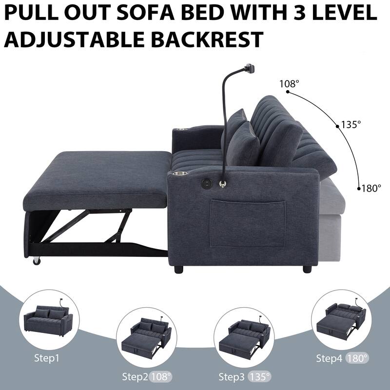 55.9" Convertible Sofa Bed Loveseat Sofa with Three USB Ports, Two Side Pockets, Two Cup Holders and 360°Swivel Phone Holder