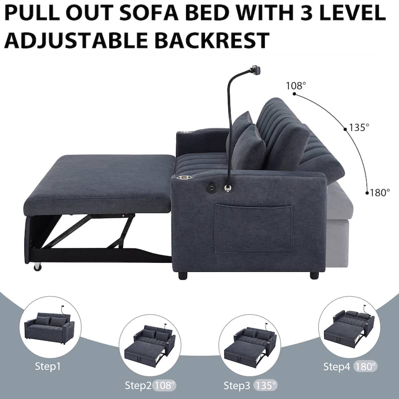 Anmytek 56 Inch Blue Grey Convertible Sofa Bed Loveseat with USB Ports Cup Holders and Swivel Phone Holder