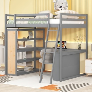 Gray Loft Bed with Desk, Shelves, Drawer, and Ladder, Full-Length Guardrail
