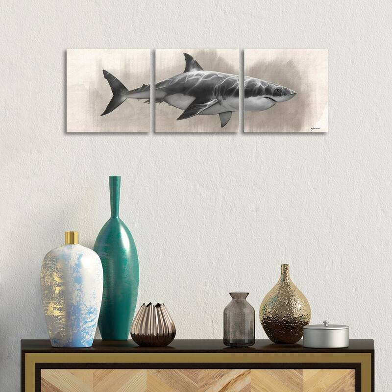 iCanvas "Great White Shark Drawing" by Steve Goad 3-Piece Canvas Wall Art Set - 12x36x1.5