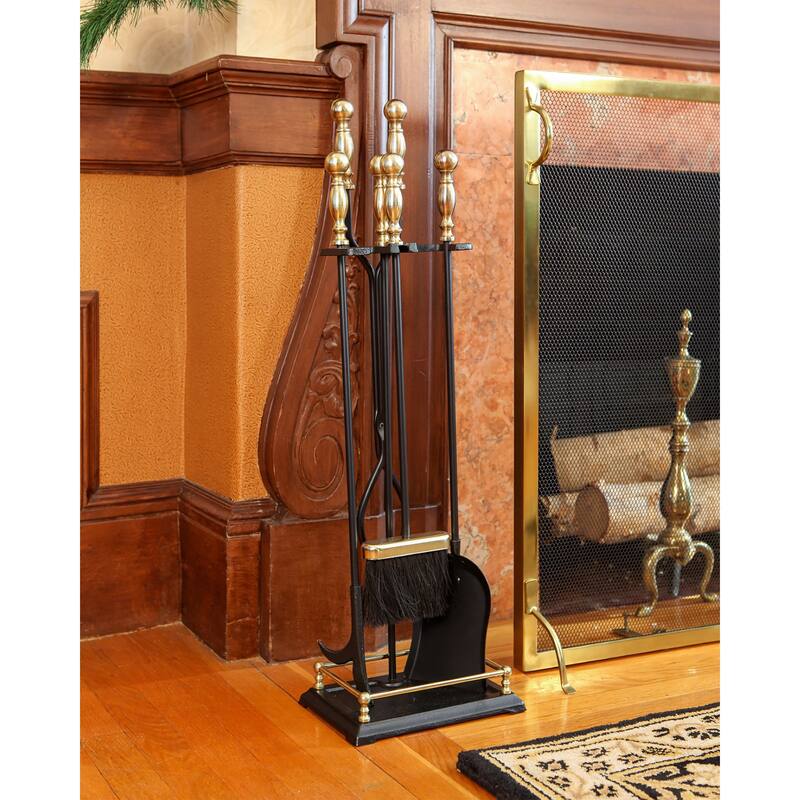 Achla Designs Oxford Set of 4 Fireplace Tools, 30.5 Inch Tall, Black and Polished Brass