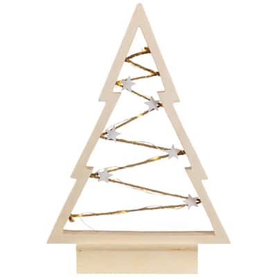 Lighted Wooden Christmas Tree with Stars Decoration - 11"