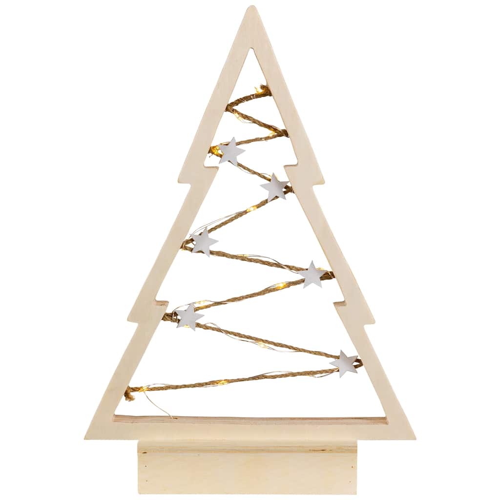 Lighted Wooden Christmas Tree with Stars Decoration - 11"