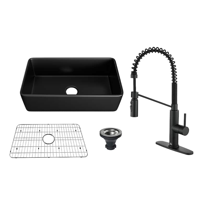 Farmhouse/Apron-Front Single Bowl Fireclay Kitchen Sink with 3-Function Pull-Down Kitchen Faucet, Grid, and Basket Strainer - 33" Matte Black Sink + Matte Black Faucet - 33 x 18 x 10