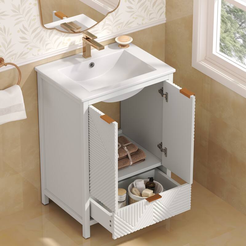 Anmytek 24 Inch Bathroom Vanity with Ceramic Basin Geometric Door Design for Small Bathroom Storage