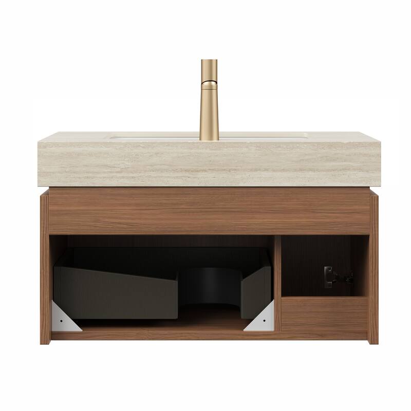 30"/36"/48" Wall-Mounted Bathroom Vanity with Ceramic Sink, Sintered Stone Countertop Floating Bathroom Storage Cabinet