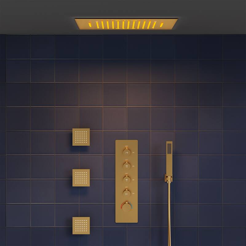 20" Thermostatic Shower System, 64-Color LED Mood Lighting 2-Functions Shower Head with Bluetooth Music & 3 Body Jets - Brushed Gold