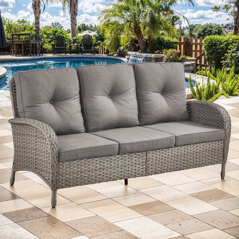 Pocassy Patio Outdoor Sofa Swivel Chairs with Ottman Table Set - Gray Wicker Gray Cushion - Only 3-Seat Sofa