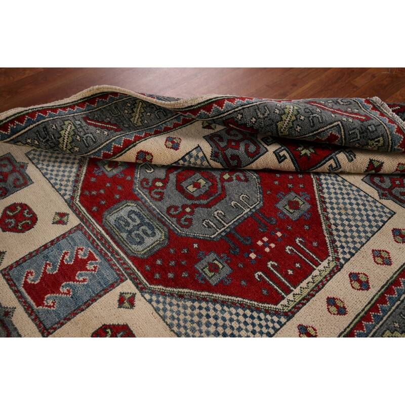 Kazak Oriental Area Rug Hand-Knotted Traditional Beige Wool Carpet - 4'2" x 5'7"
