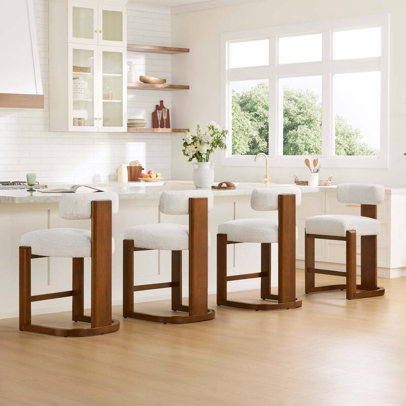 Spruce & Spring Arya Upholstered Boucle Counter Stool with Solid Wood Frame - Set of 4 - Pearl-Walnut