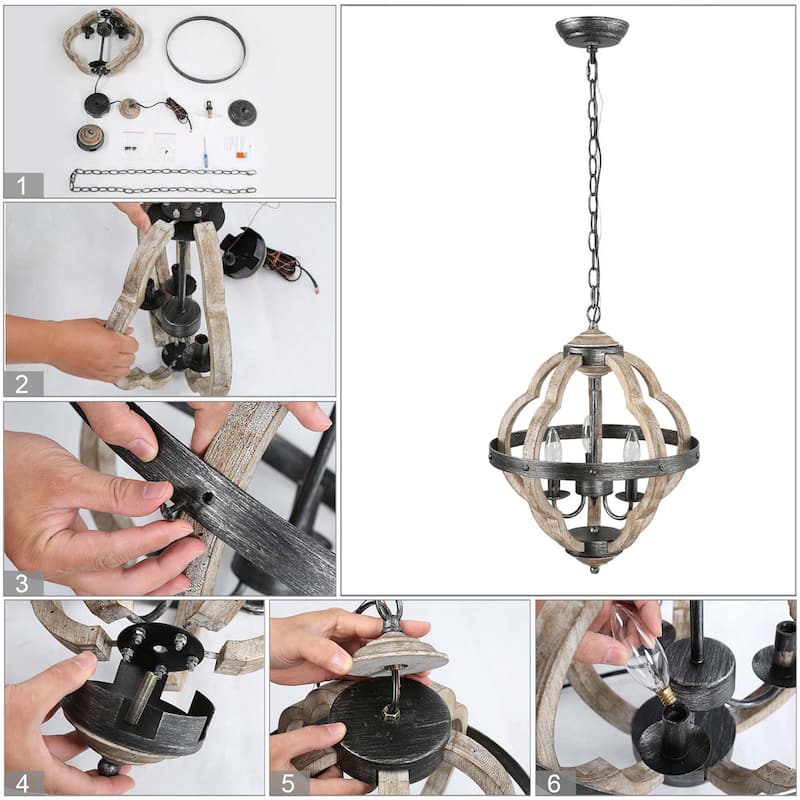 Modern Farmhouse 3-light Antiqued Wood Island Pendant Light Orb Chandelier - W 15"x H 19"