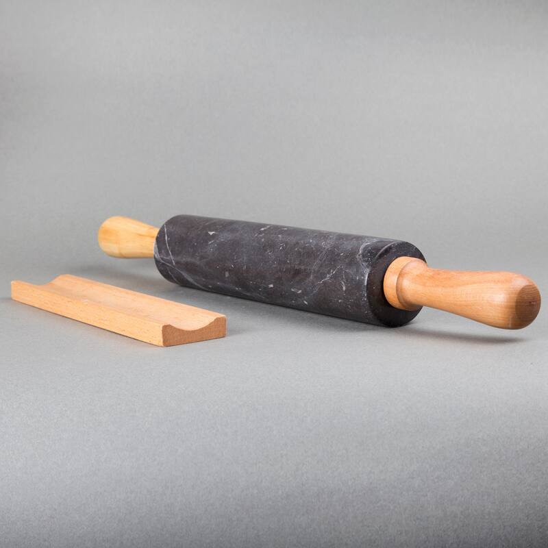 Creative Home Deluxe Natural Charcoal Marble 18" Length Rolling Pin with Wooded Handles and Cradle