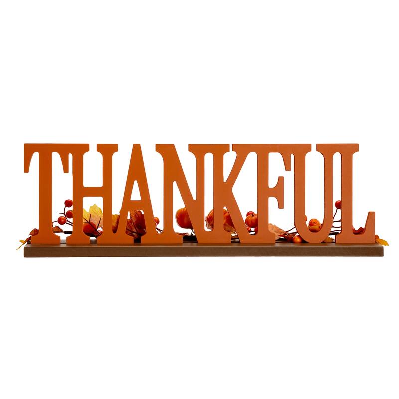 Glitzhome 20"L THANKFUL Word Sign Wooden Table Decor for Fall Thanksgiving