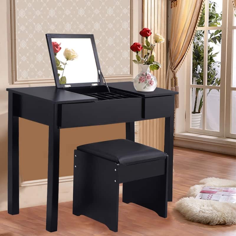 Vanity Makeup Dressing Table Set with Cell Storage Box-Black - 35.4" x 15.7" x 29.5" (L x W x H)