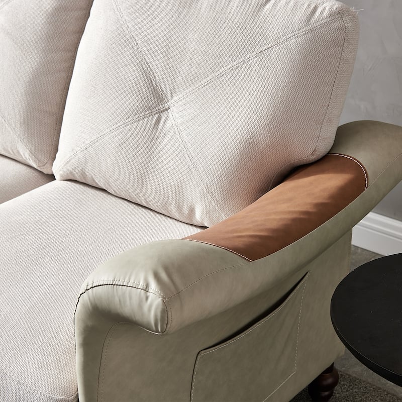 Living Room General Use Linen Fabric Faux Leather with Wood Leg Love Seat (Beige)