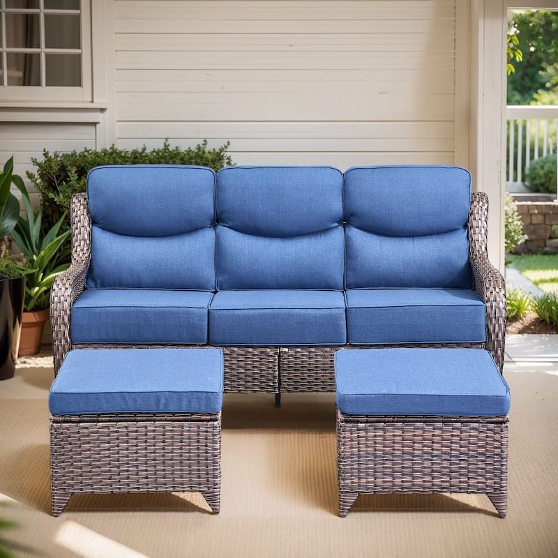 Arcadia 3-Seat Wicker Patio Sofa with 6-Inch Thick Cushions and 2 Ottomans