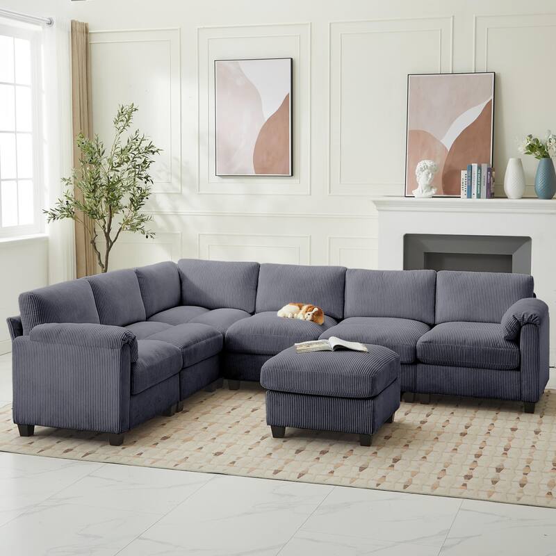 Corduroy Corner Sectional Sofas with a Removable Ottoman, L-shaped Reversible 7-seat Modular Couch