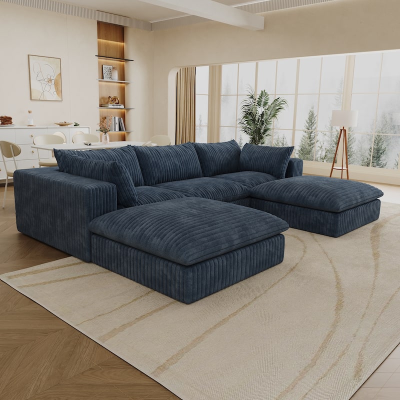 Modular Deep Seat Couch U-shaped Sectional Sofa with Chaise Lounge Corduroy Upholstered Sleeper Sofa Bed with Ottomans