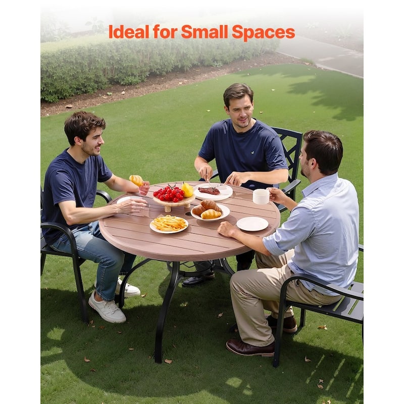 Outdoor Patio Dining Table Gray Wood Grain Carbon Steel Weather Resistant Backyard Bistro Table with Umbrella Hole - 41x28 in