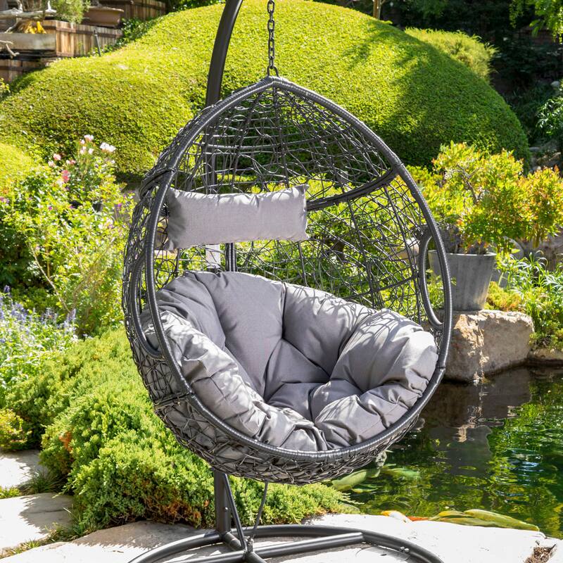 Waterproof Outdoor Wicker Hanging Basket Chair with Cushions, Hammock Seat - 300 lbs Capacity