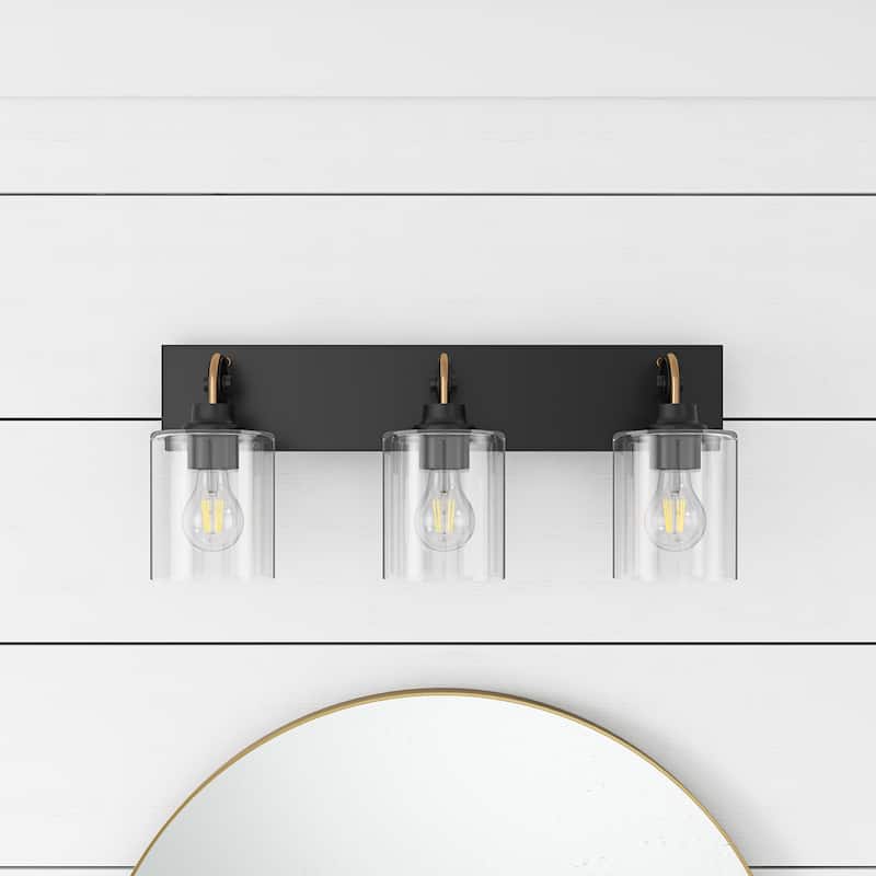 Matte Black 3-Light Bathroom Vanity Light with Cylinder Clear Glass Shade - Black