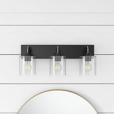 Matte Black 3-Light Bathroom Vanity Light with Cylinder Clear Glass Shade