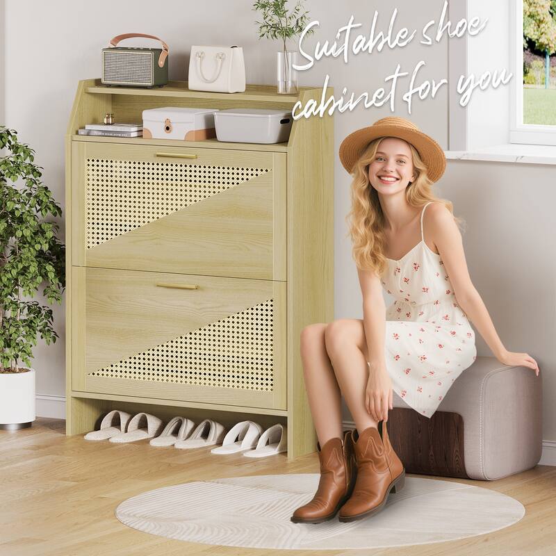 Rossetta Boho Chic 5-Flip Drawers Wooden Narrow Shoe Rack Organizer Cabinet with Visual Top Shelf