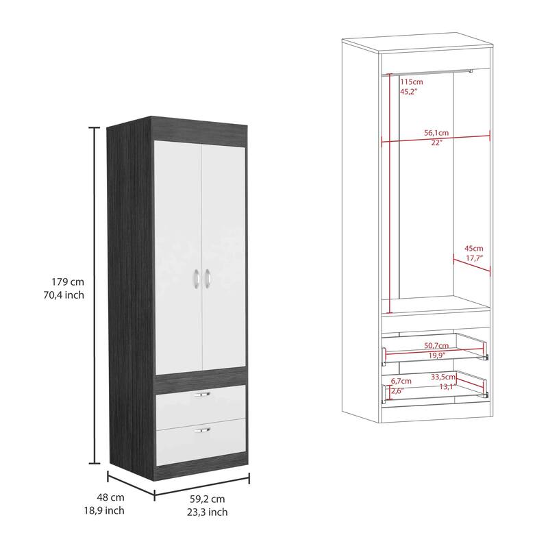 Versatile Wardrobe Armoire Closet Storage Cabinet with Double Doors, Two Drawers, and Hanging Rod - Elegant and Space-Saving