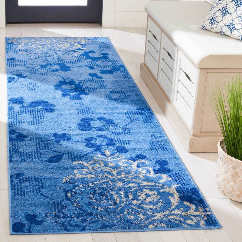 SAFAVIEH, Adirondack Rena Damask Floral Distressed Rug - 2'6" x 6' Runner - Light Blue/Dark Blue