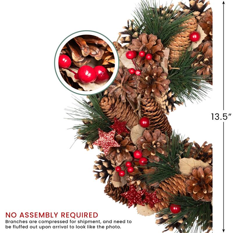 Pinecones and Glittered Stars Christmas Wreath - 13.5" - Unlit