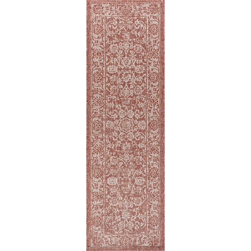 JONATHAN Y Sinjuri Bohemian Textured Weave Floral Indoor/Outdoor Area Rug - 2 X 8 - Red/Taupe