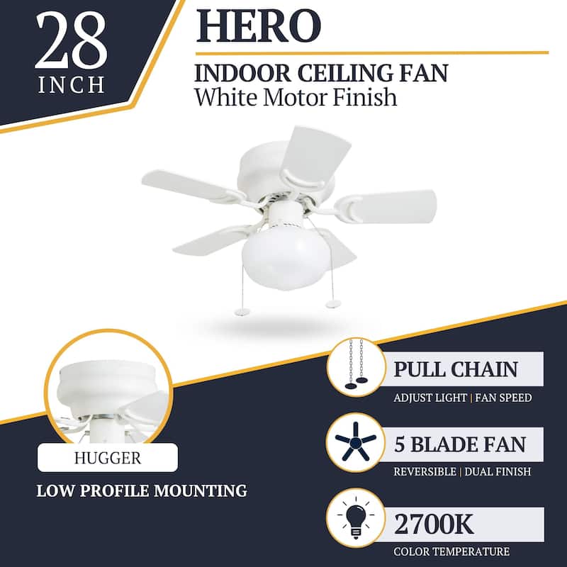 28" Prominence Home Hero White LED Indoor Ceiling Fan with Pull Chain