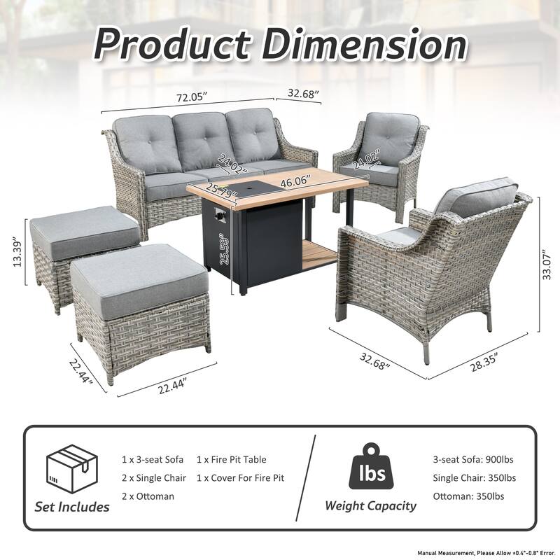 HOOOWOOO 6-piece Wicker Patio Furniture Set with Fire Pit Table