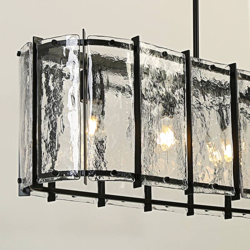 Modern Black 5-Light Rectangle Chandelier with Textured Glass For Kitchen Island Dining Room - W42.1"xD10.6"xH11"