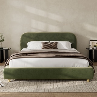 Queen Size Platform Bed with Velvet Fabric, Upholstered Bed with Curve ...
