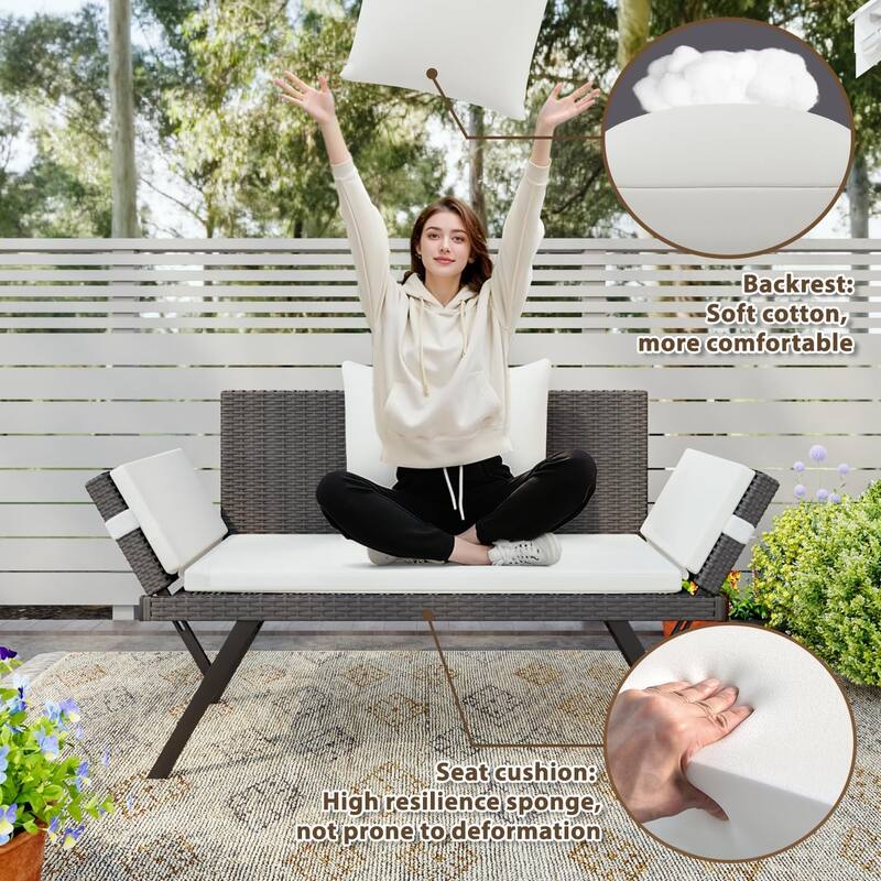 BOSSIN All-Weather Rattan Convertible Daybed - Outdoor Sofa w/ Adjustable Arms & Waterproof Cushions - Patio, Poolside, Porch