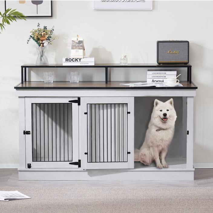Mcombo Large Dog Crate Furniture TV Stand,Wooden Dog Kennel with Double Doors 1861 - Light Grey