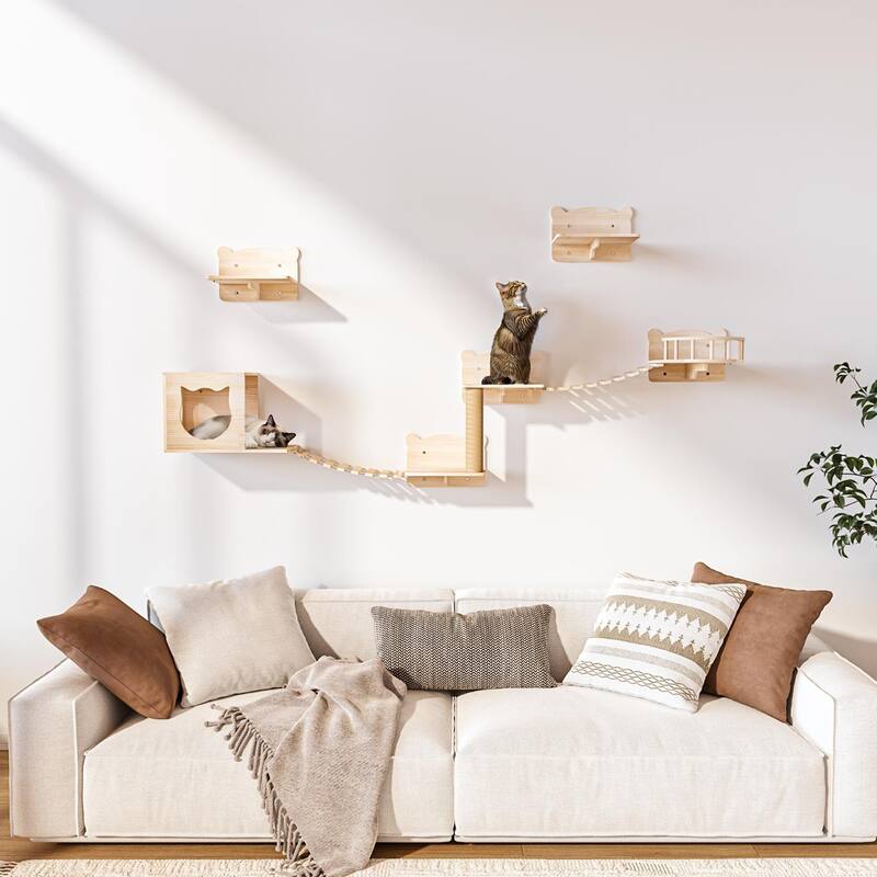 BOSSIN 9/16/18-Piece Pine Cat Wall Climbing System - Wall-Mounted Shelves Set with Cat Bed, Scratching Post & Tunnel - 9pcs