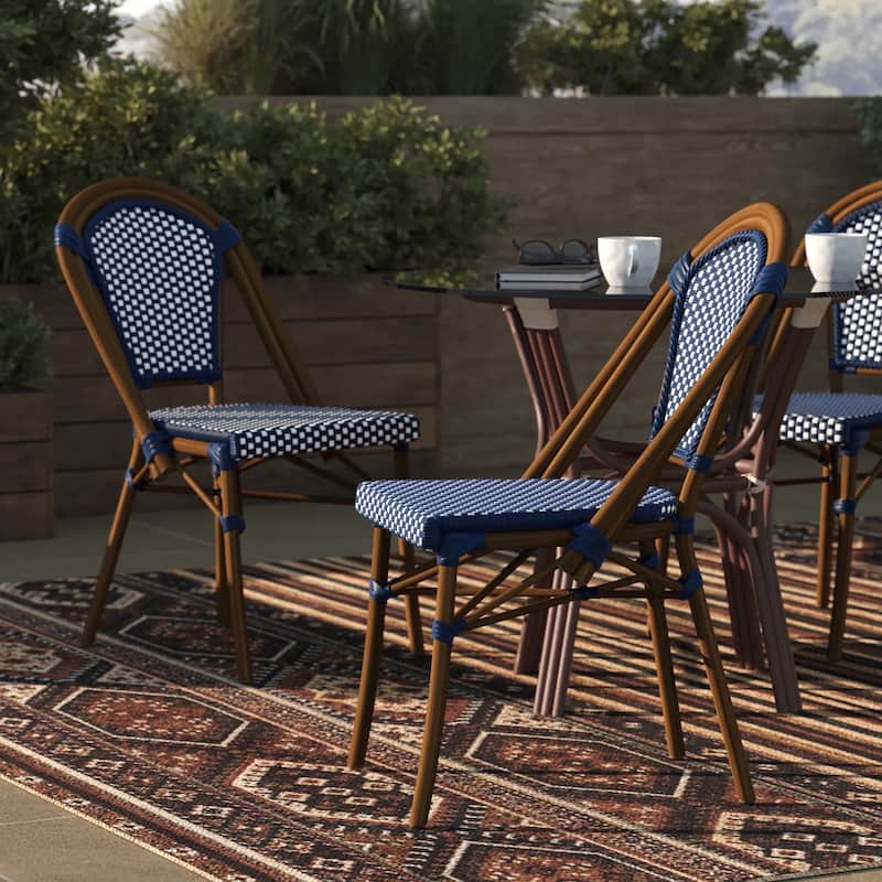 2 Pack All-Weather Commercial Paris Chairs with Bamboo Print Frame - Navy & White/Natural Frame