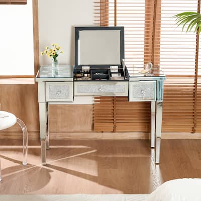 Mirrored Makeup Vanity Desk - Dressing Table with Flip-Top Mirror