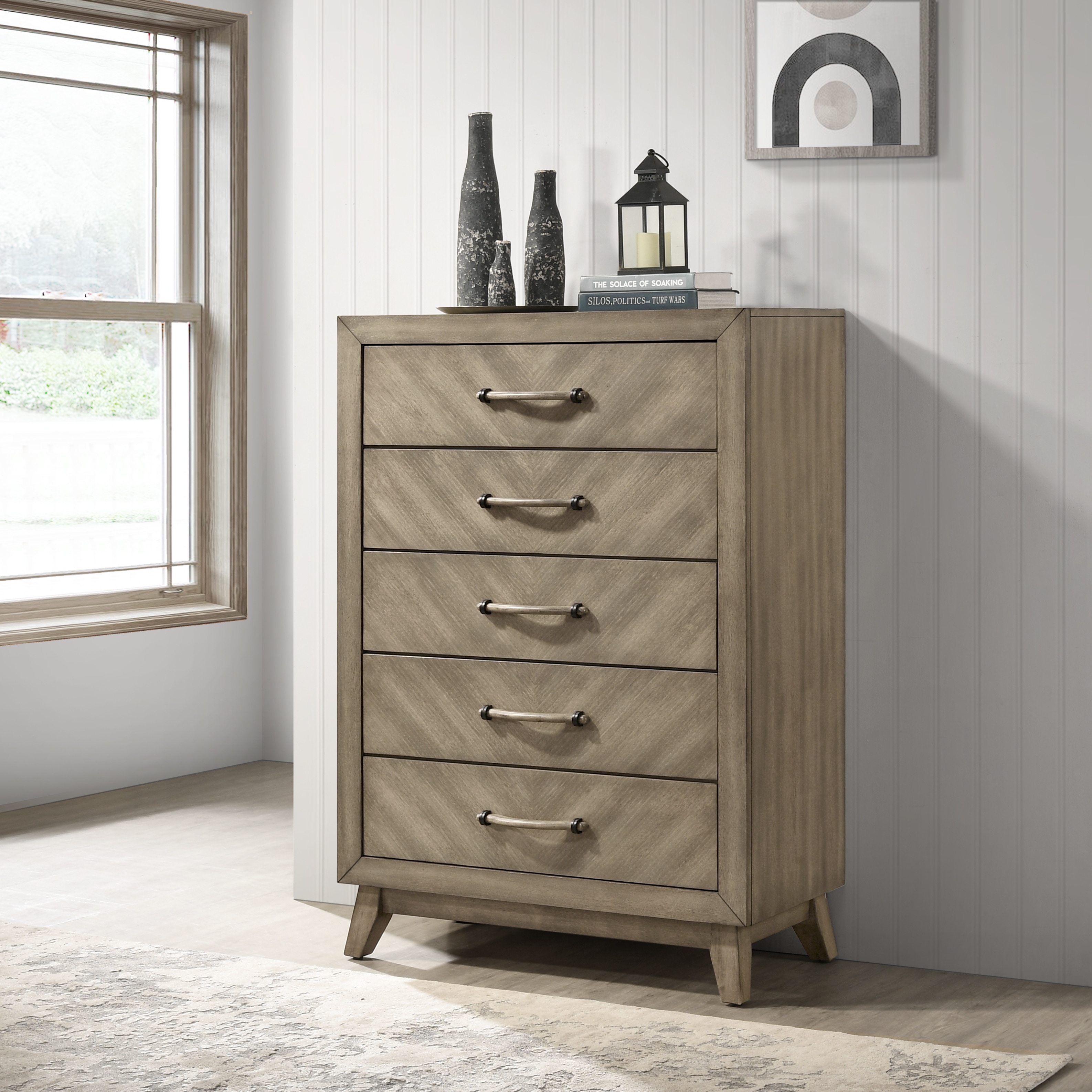 Roundhill Furniture Arena Contemporary 5-Drawer Chest in Weathered Sand