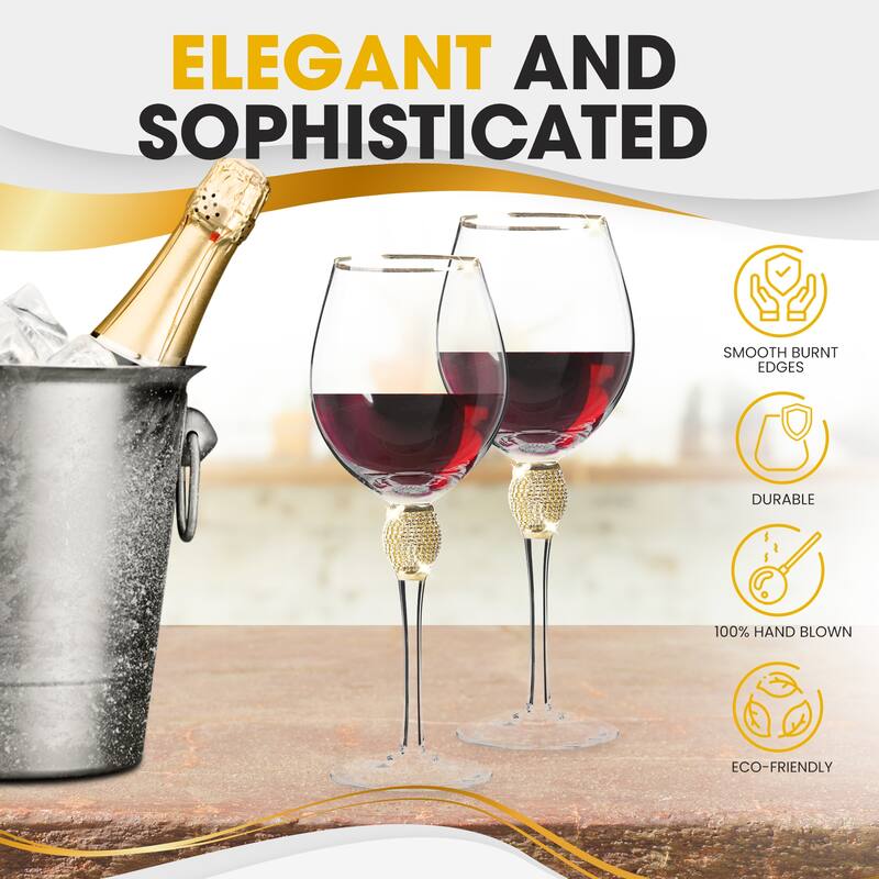 Berkware Red Wine Glass with Rhinestone Design Gold or Silver Rim