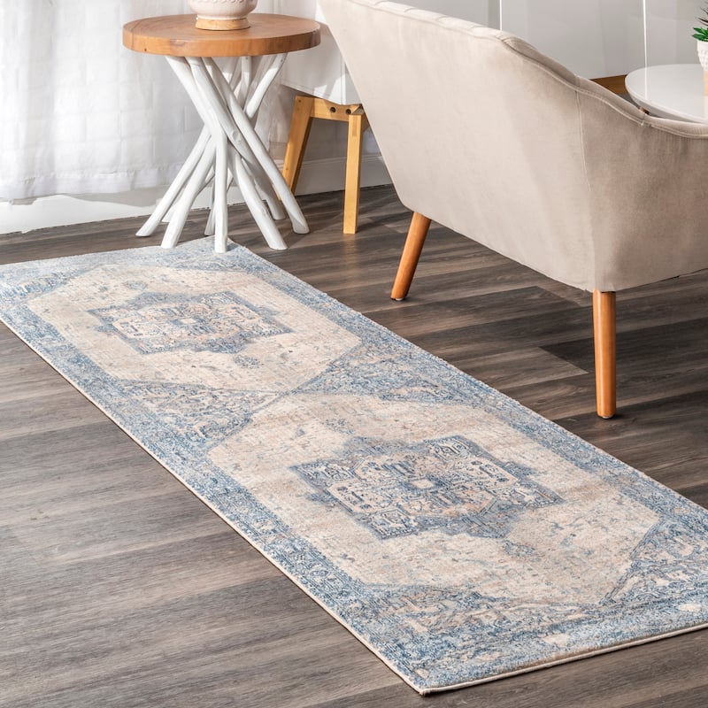 Nuloom Camila Faded Medallion Fringe Area Rug - 2' 6" x 8' - Light Blue - Runner
