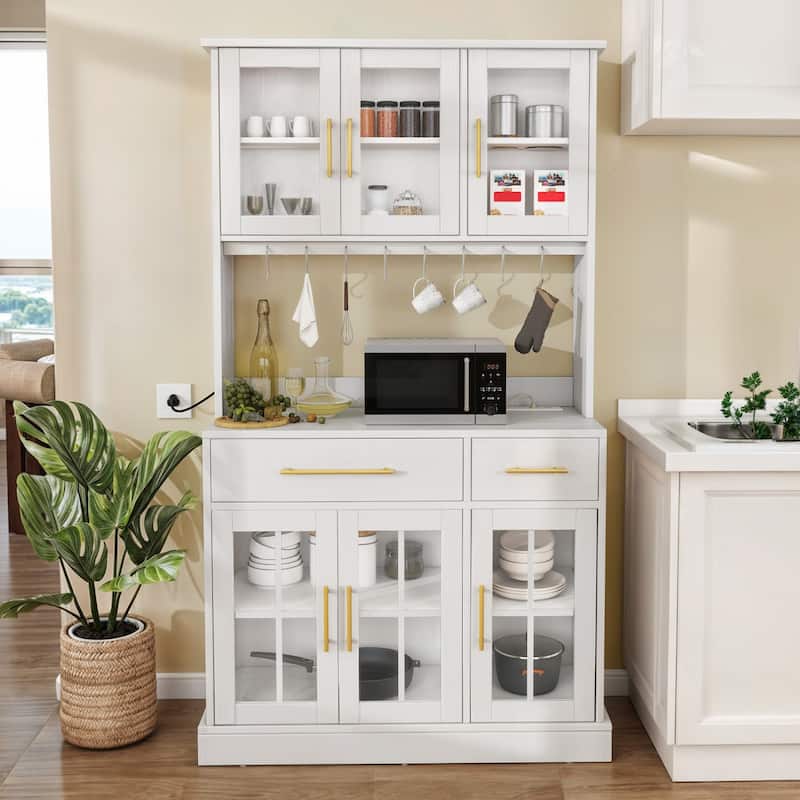 71" Tall Kitchen Pantry Hutch Storage Cabinet with Power Outlet,Freestanding Cupboard Storage Buffet with Drawers & Glass Doors