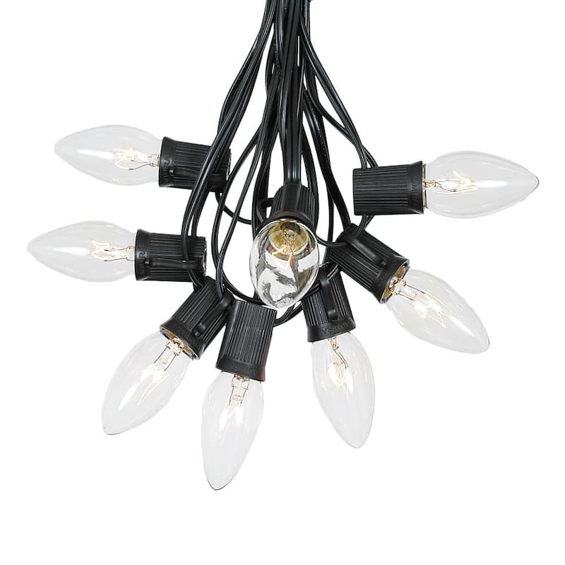 25 Foot C9 Christmas Light Set, Hanging Patio String Lights, Black Wire - Clear