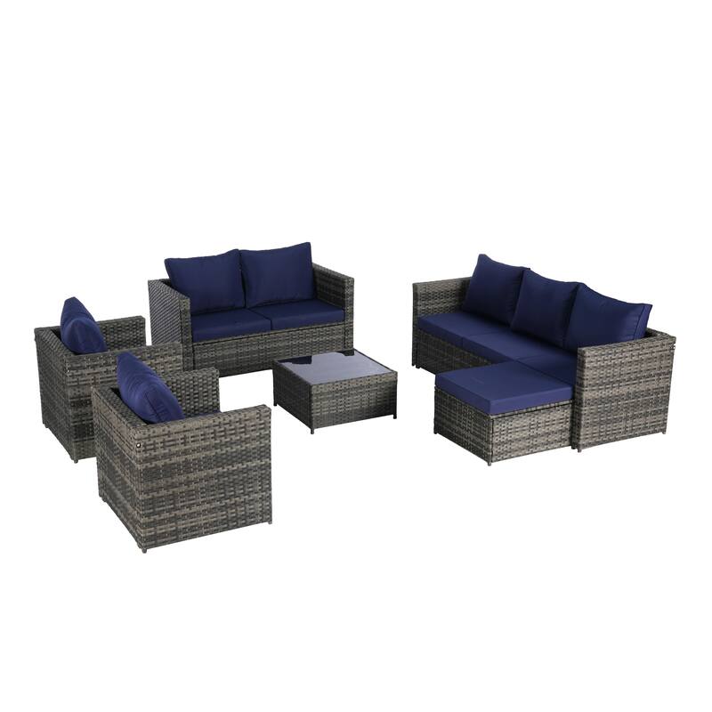 6-Piece Rattan Sectional Sofa Set with Glass Table & Armchairs