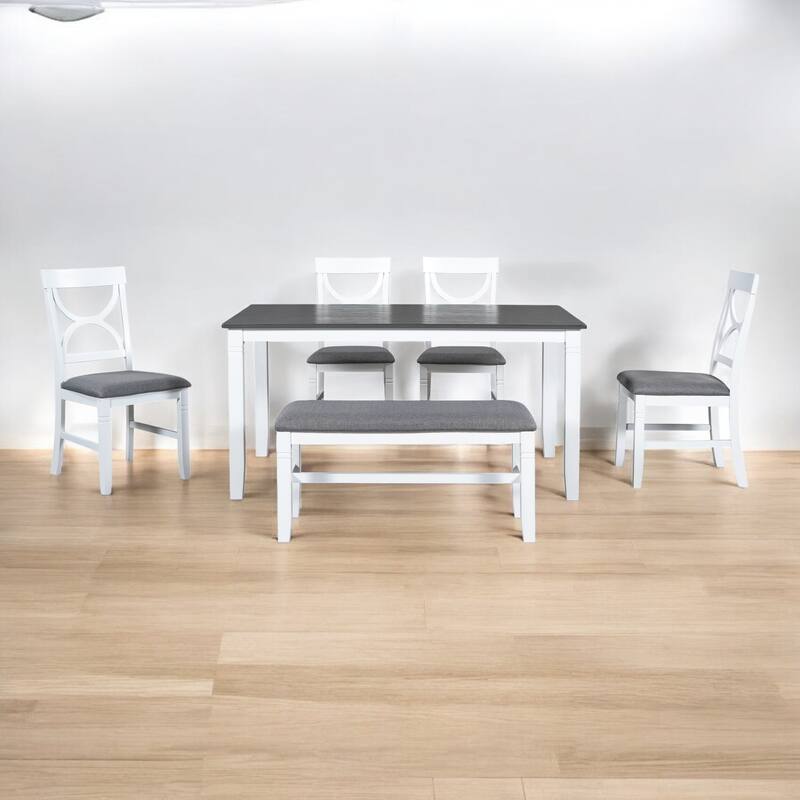 6-Piece Solid Wood Farmhouse Dining Table Set with 4 Chairs and Upholstered Bench, Stylish Rustic Dining Room Set