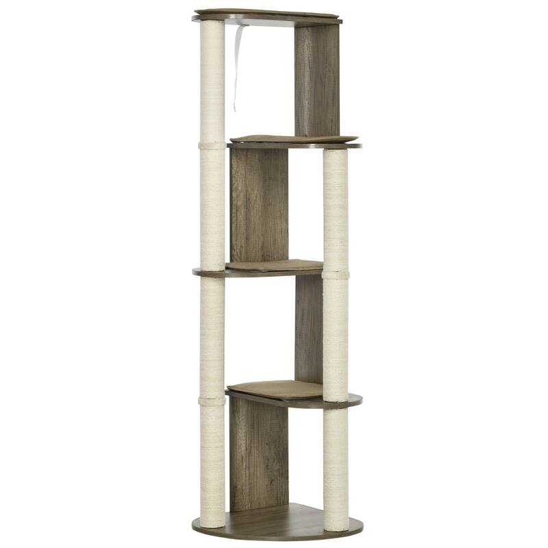 PawHut 65" Corner Modern Cat Tree Tall for Climbing, Large Multilevel Cat Tower with Scratching Posts - Cream White