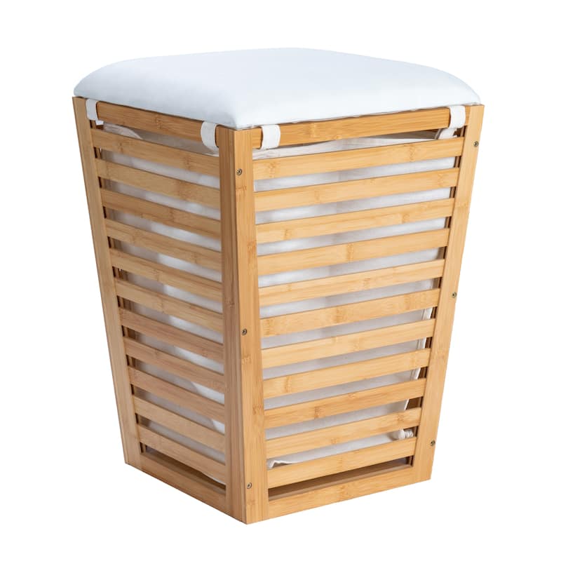 Household Essentials Slatted Bamboo Hamper with Cushioned Lid and Removable Bag - 16.1"L x 16.1"W x 22.3"H