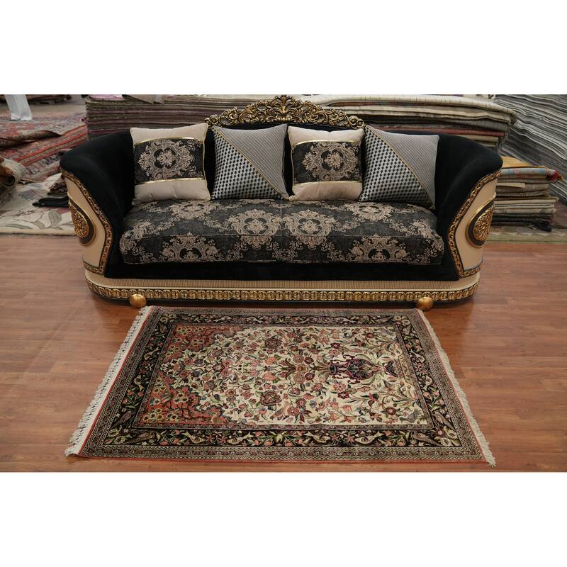 Hand Knotted Oriental 100% Silk Carpet Traditional Floral Beige & Ivories Qum Area Rug - 5' 3'' X 3' 6''